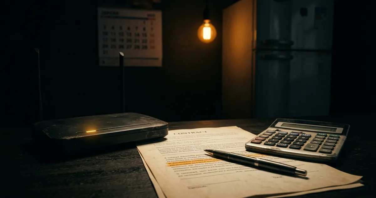 Um roteador aceso numa mesa escura, com luz âmbar sobre a cláusula de reajuste do contrato.