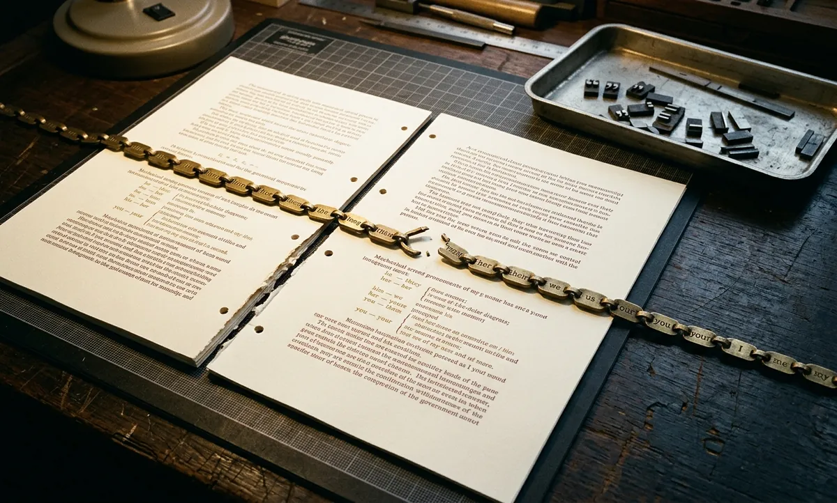 Corrente de elos de latão gravados atravessando duas páginas manuscritas, com um elo rompido no centro e aspas de tipografia descartadas numa bandeja, ilustrando o guia de coesão e coerência