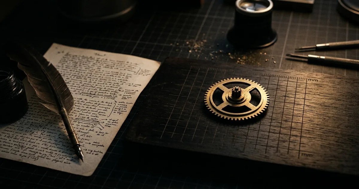 Página manuscrita desmontada na bancada com a linha principal acima e a nota de rodapé iluminada abaixo