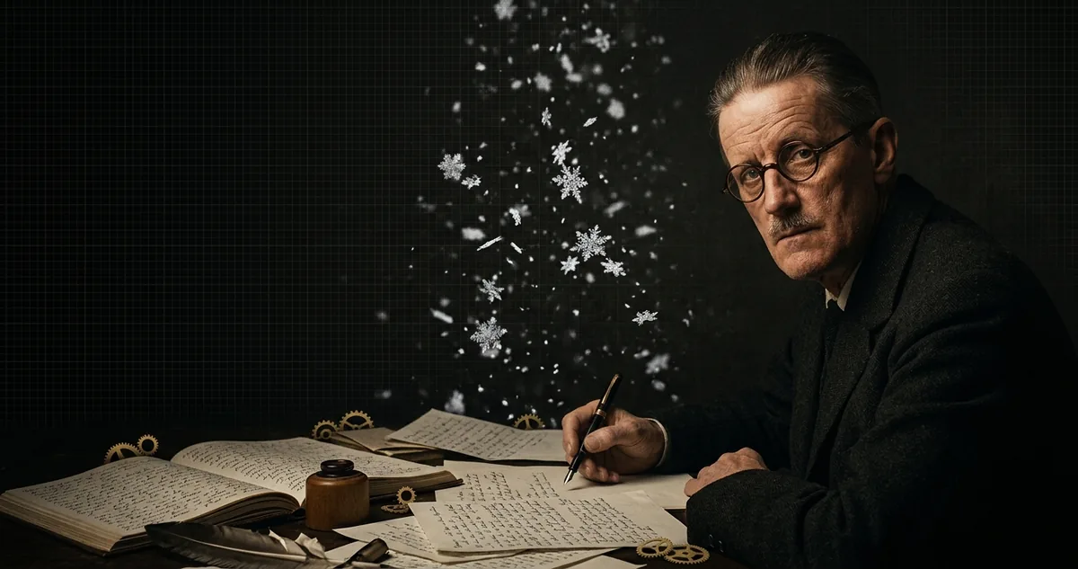 James Joyce de perfil diante da vidraça de um quarto em Dublin, neve caindo do lado de fora, luz lateral quente