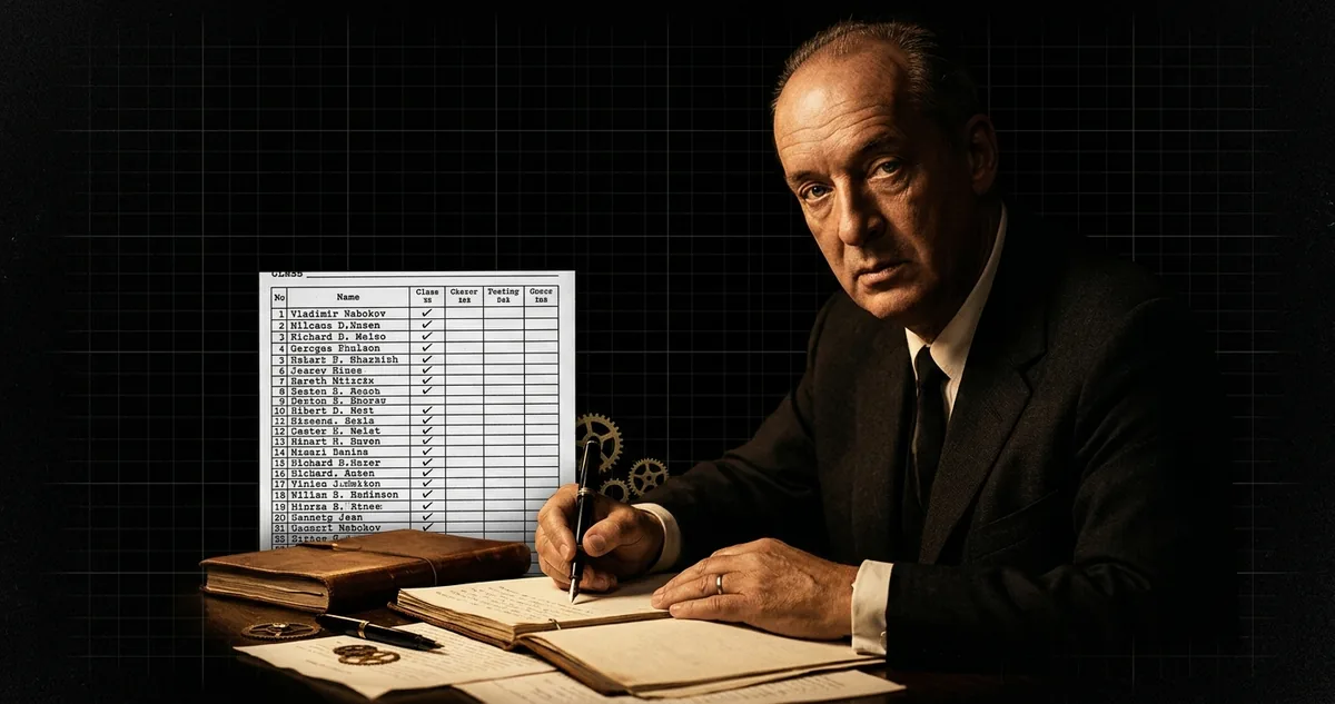 Folha datilografada de lista de chamada escolar dos anos 1950 sobre uma escrivaninha, com um nome marcado a lápis entre dezenas de outros e uma engrenagem dourada em primeiro plano
