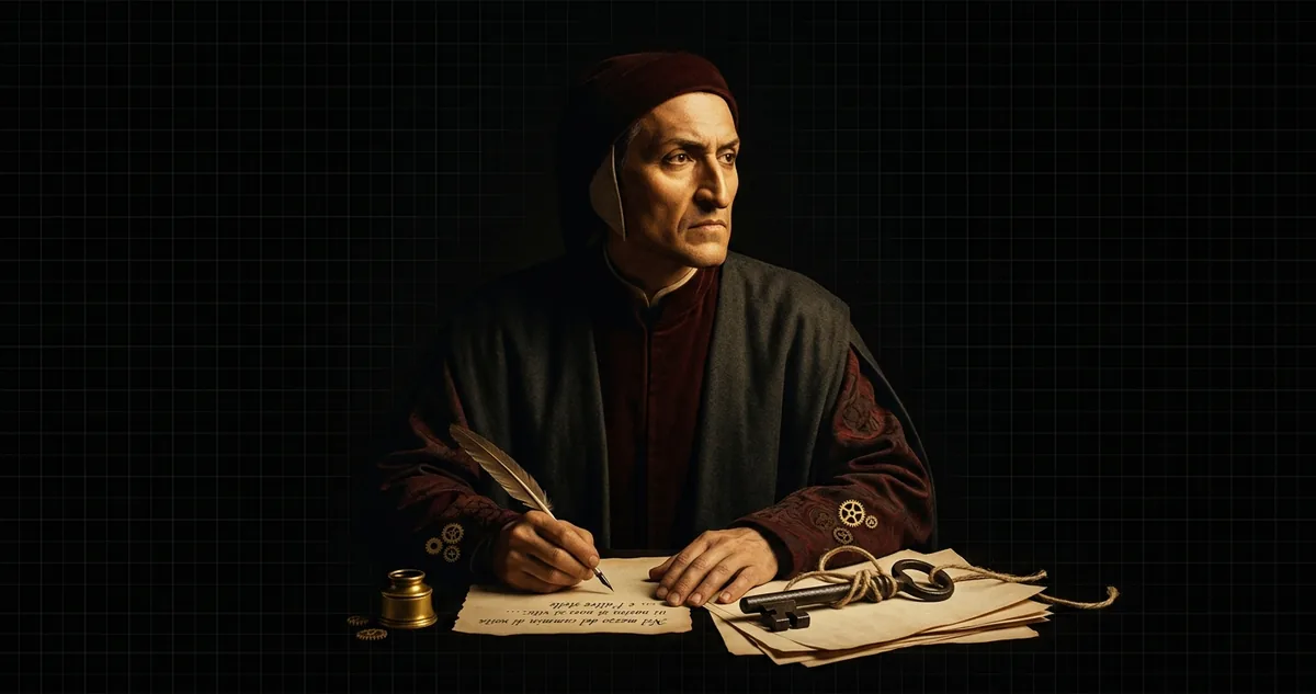 Manuscrito medieval da Divina Comédia aberto, tercetos copiados em coluna única