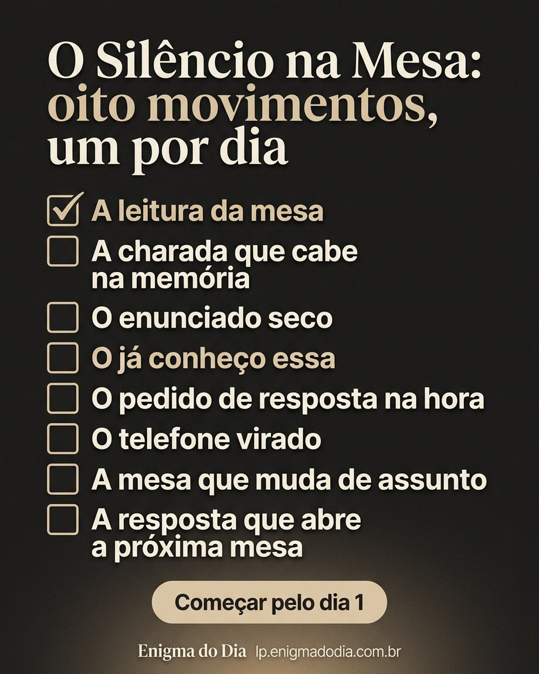 O Silêncio na Mesa: oito movimentos, um por dia: A leitura da mesa, A charada que cabe na memória, O enunciado seco, O já conheço essa, O pedido de resposta na hora, O telefone virado, A mesa que muda de assunto, A resposta que abre a próxima mesa. Começar pelo dia 1.