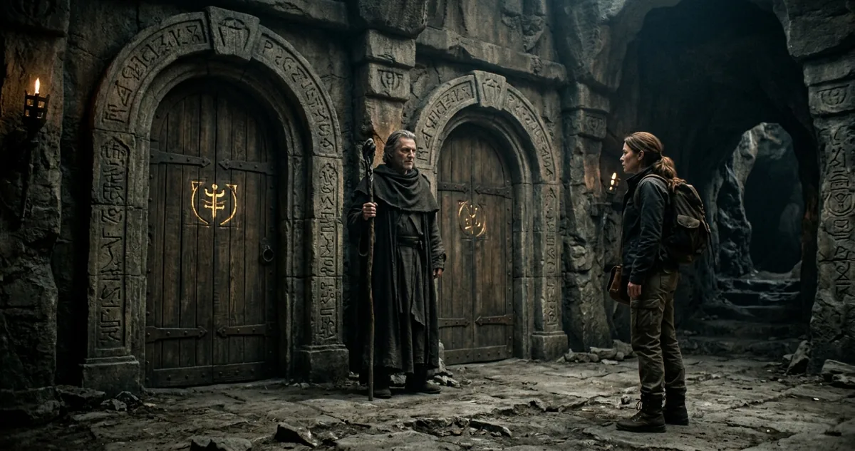 Duas portas idênticas no fim de um corredor escuro, com um guardião imóvel de pé em frente a cada uma.