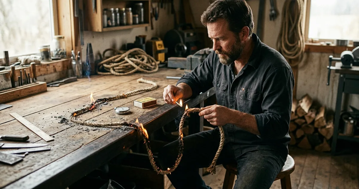 Duas cordas esticadas sobre uma mesa escura, uma delas com a ponta em brasa, ao lado de uma caixa de fósforos aberta.