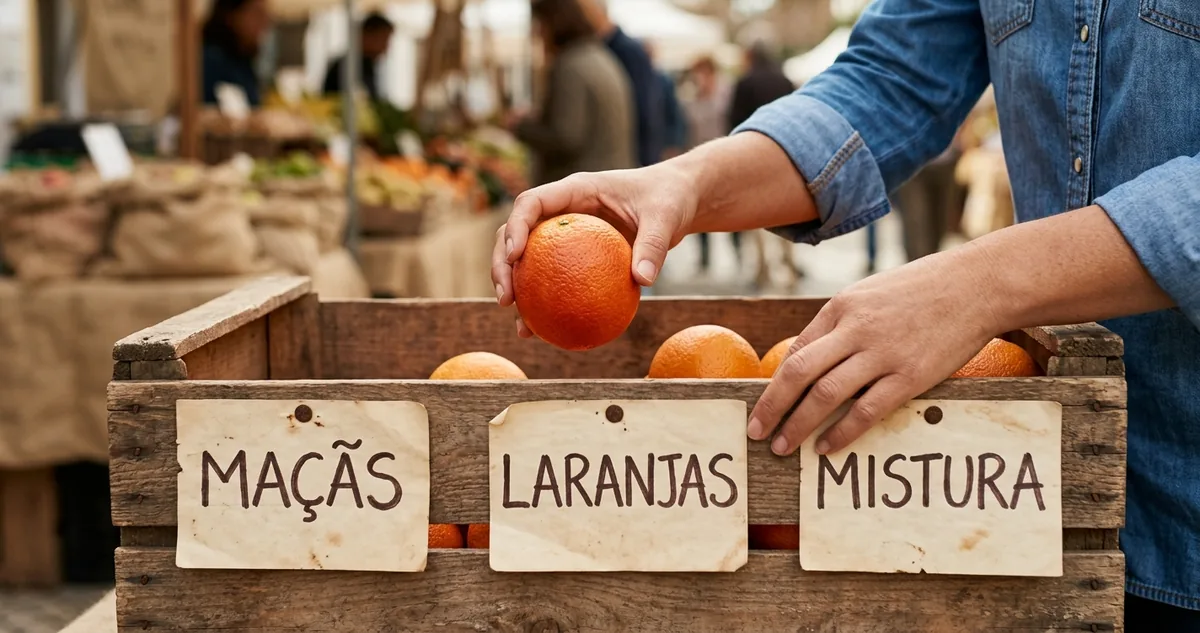 Três caixas fechadas com etiquetas de maçãs, laranjas e mistura em cima de uma bancada.
