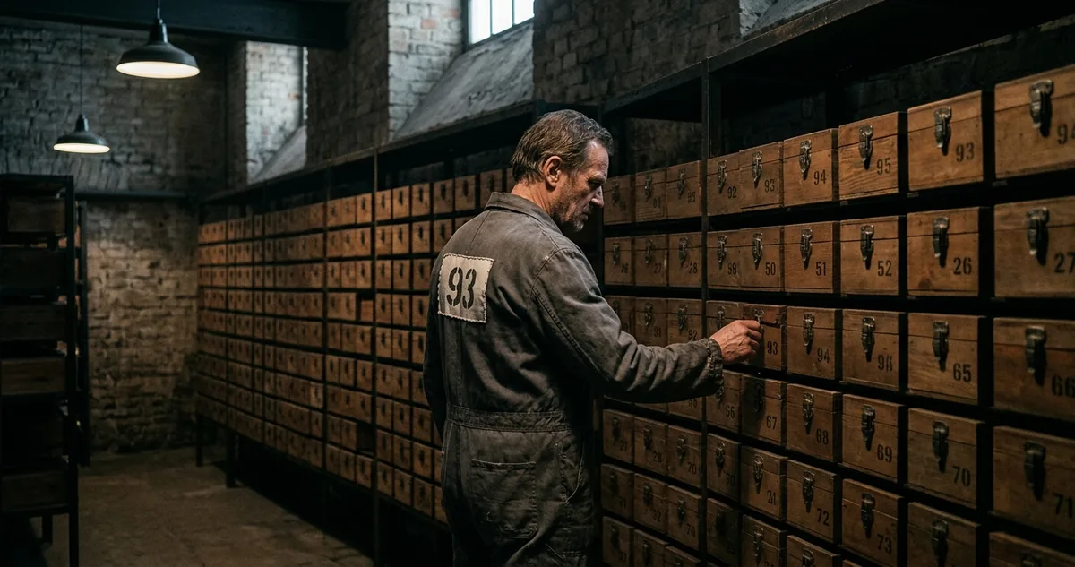 Fileiras de caixas de madeira numeradas dentro de uma sala vazia.