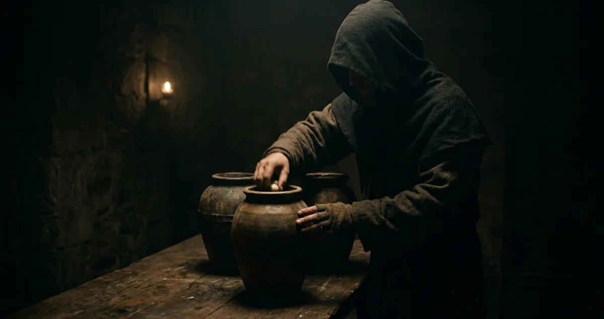 Duas urnas de barro sobre uma mesa escura, com bolas brancas e pretas ao redor.
