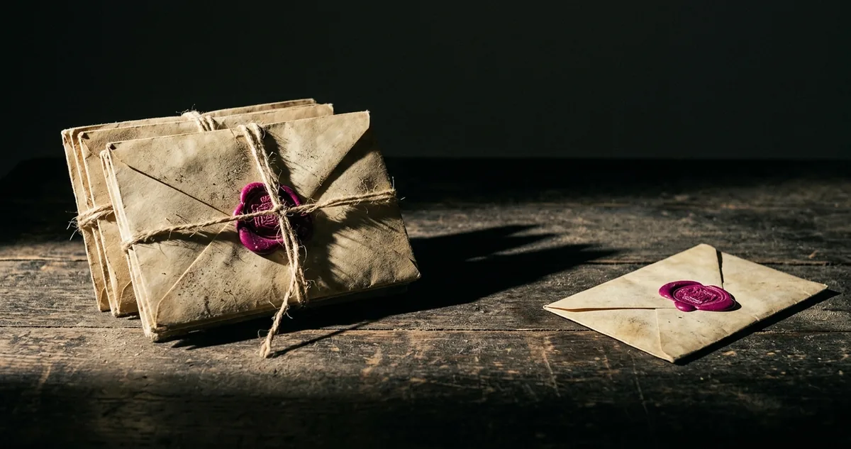 Duas cartas lacradas e pilhas de moedas de ouro sobre uma mesa à luz de vela.