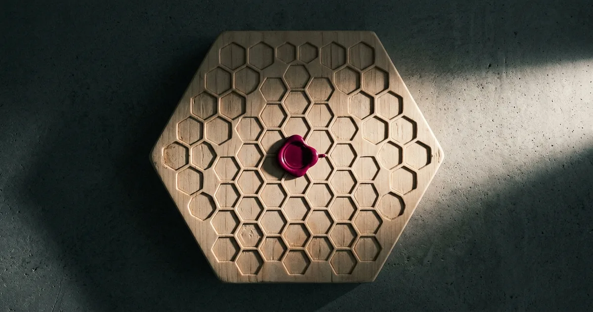 Tabuleiro de Hex em losango, com peças vermelhas e azuis nas casas hexagonais.