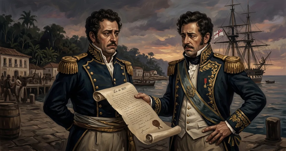 Um documento manuscrito do Império do Brasil aberto sobre a mesa, com pena, tinteiro e lacre ao lado, à luz de vela.