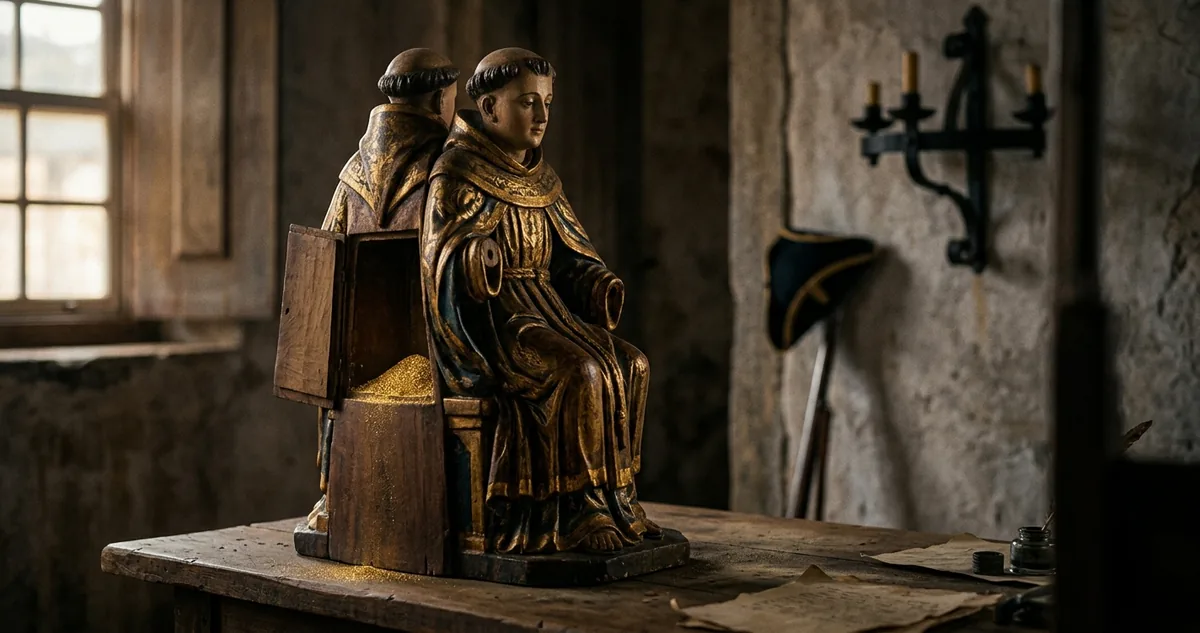 Uma imagem sacra de cedro do século 18 apoiada na bancada de um santeiro, com a tampa das costas removida e goivas ao lado.