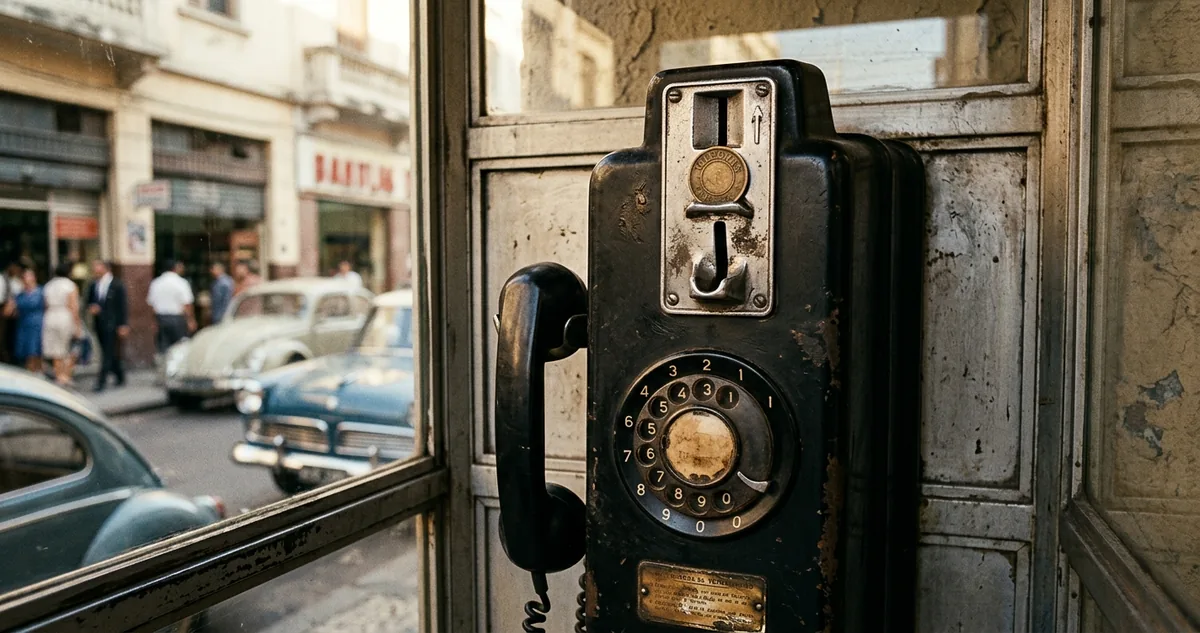 Um telefone público brasileiro dos anos 1960 com a ficha de metal suspensa no canal inclinado no alto do aparelho, à espera do atendimento do outro lado da linha.