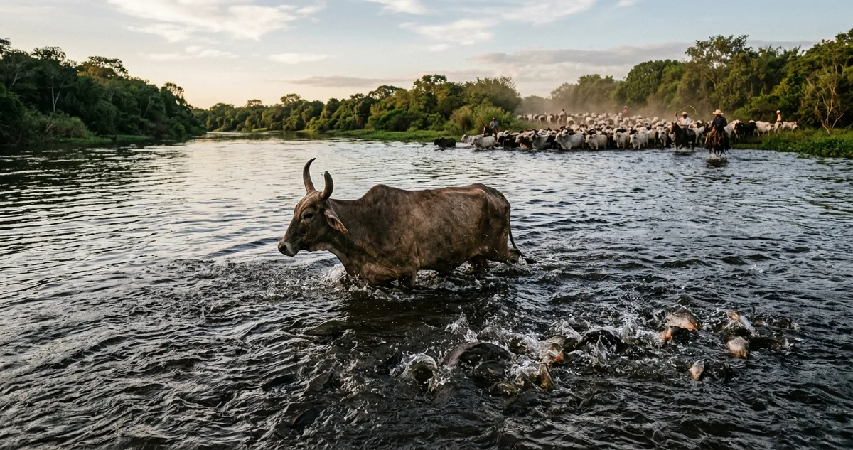 Uma comitiva de gado na barranca de um rio do Pantanal, com a boiada reunida na margem e um boi de refugo solto na água mais adiante, antes da travessia a nado.
