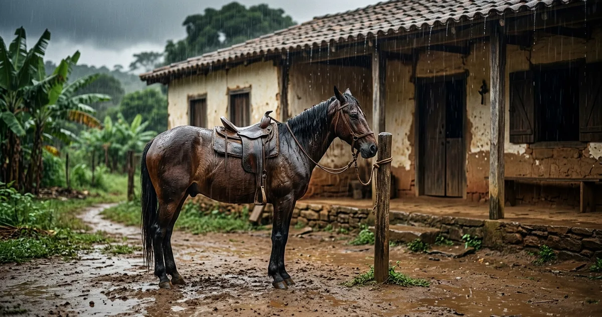 Um cavalo selado e amarrado no mourão em frente a uma casa de fazenda brasileira do século 19, sob chuva, enquanto o anfitrião observa da varanda.