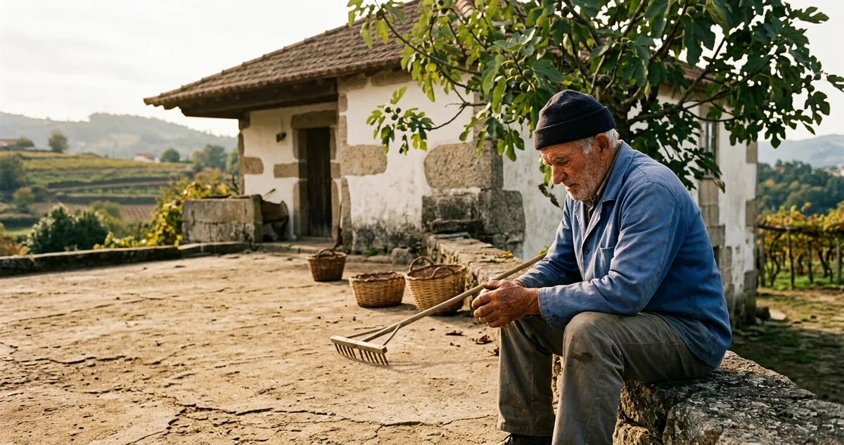 Eira de terra batida ao lado de uma casa de lavoura portuguesa, com cereal estendido ao sol e o beiral do telhado avan&ccedil;ando sobre a parede de barro.