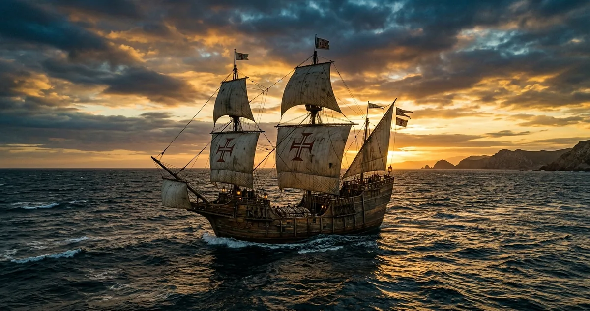 Nau portuguesa de casco escuro deixando o porto de Macau carregada de fardos de seda crua, com a monção do sul enfunando as velas rumo a Nagasaki.