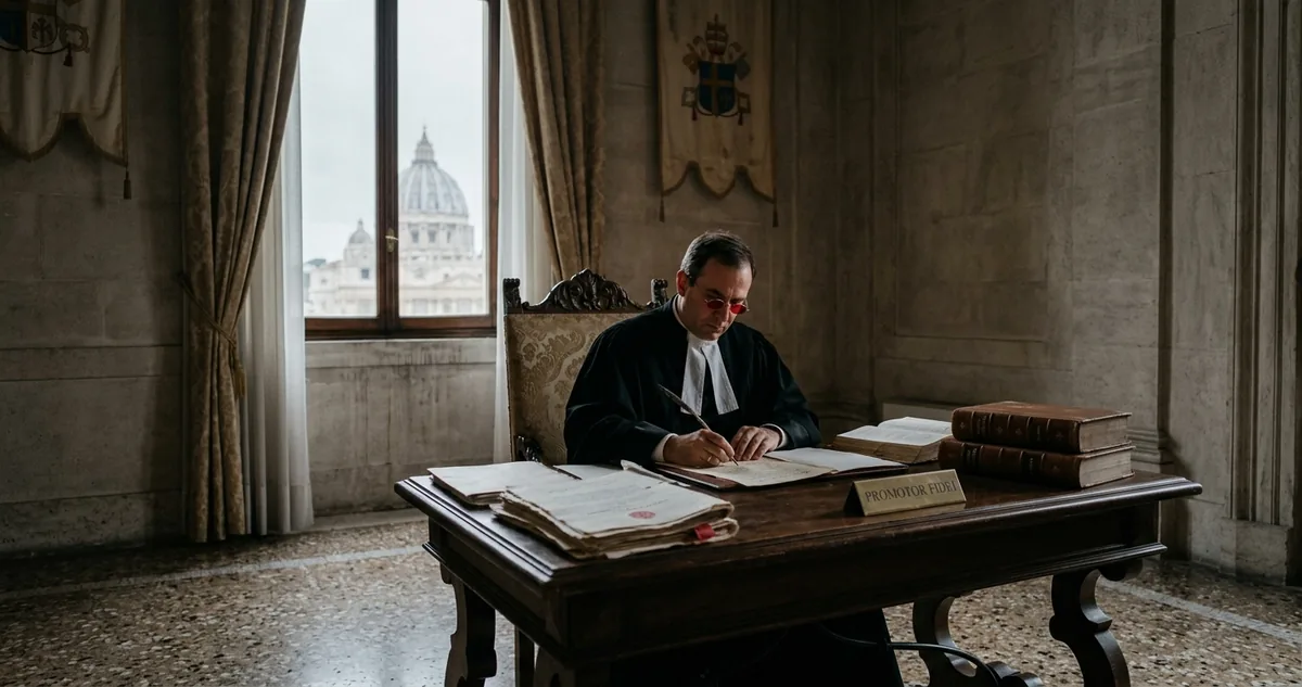Sala de tribunal eclesiástico em Roma, com mesa de madeira, papéis empilhados e uma cadeira vazia diante dos juízes.