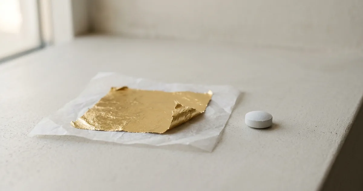 Bancada de botica antiga com pílulas escuras revestidas de folha de ouro numa caixa de madeira, ao lado de um livrinho de folhas metálicas.