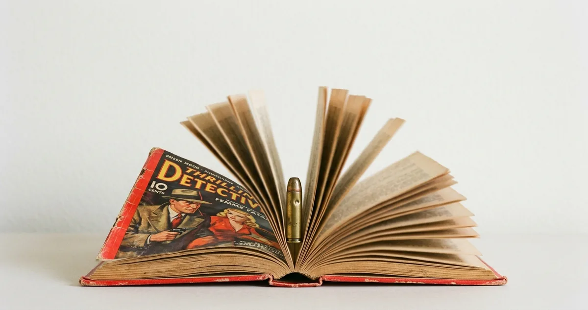 Revólver com o tambor aberto ao lado de um exemplar da revista Collier's de 1937.
