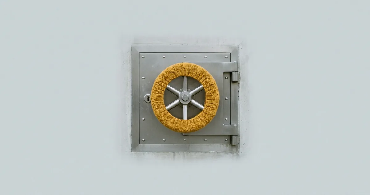 Porta de cofre de banco entreaberta numa sala de concreto, com luz amarela vindo de dentro.
