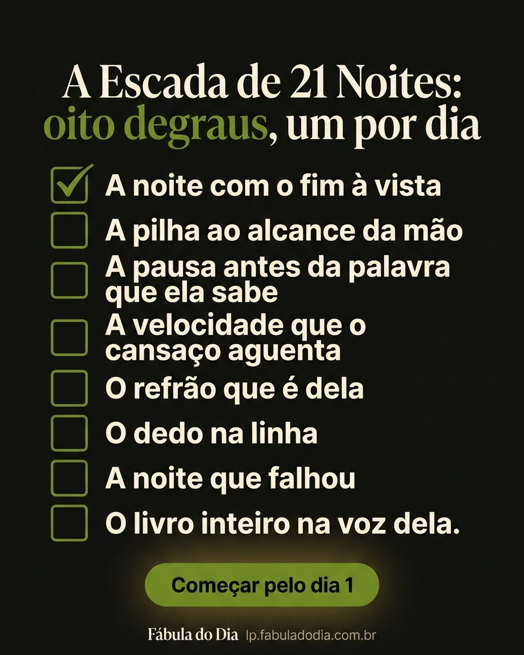 A Escada de 21 Noites: oito degraus, um por dia: A noite com o fim à vista, A pilha ao alcance da mão, A pausa antes da palavra que ela sabe, A velocidade que o cansaço aguenta, O refrão que é dela, O dedo na linha, A noite que falhou, O livro inteiro na voz dela. Começar pelo dia 1.