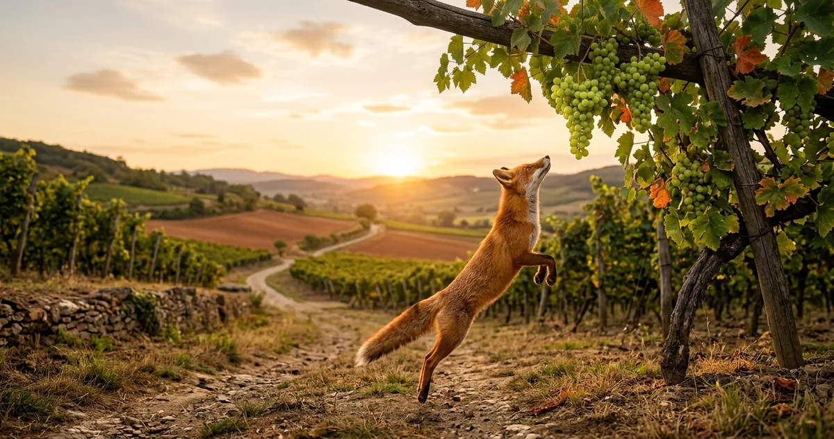 Uma raposa de pé no caminho de terra, olhando para um cacho de uvas escuras preso no alto de uma parreira encostada num muro.