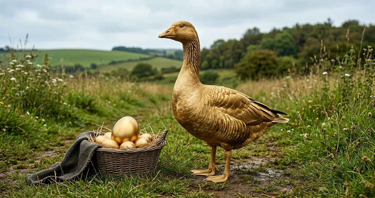Uma galinha branca no ninho de palha ao lado de um ovo dourado, dentro de um galinheiro de sítio ao amanhecer.