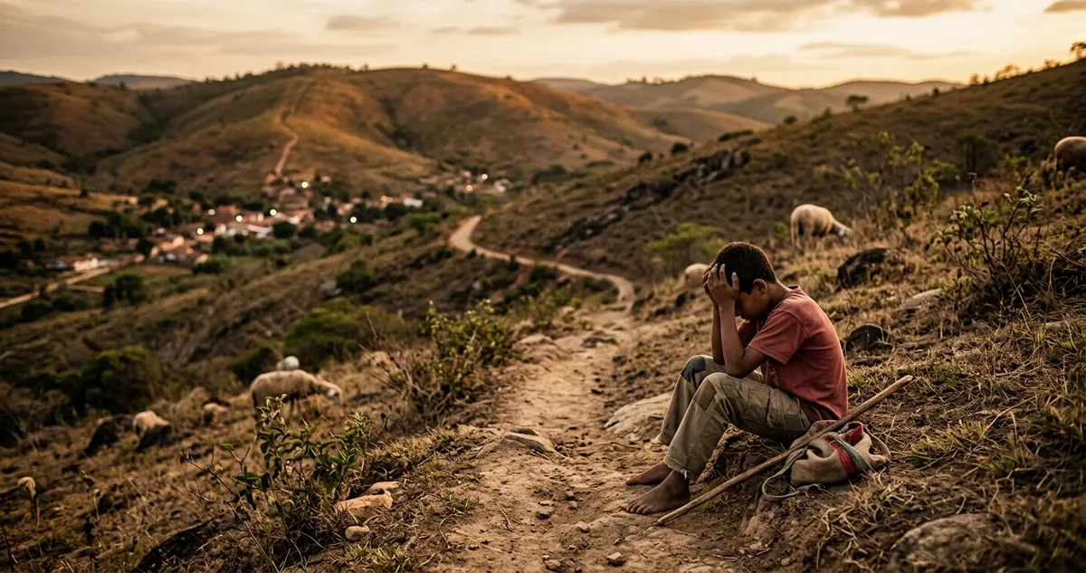 Um pastor jovem em pé numa pedra no alto do morro, chamando a aldeia enquanto o rebanho se espalha e um lobo sai do mato.