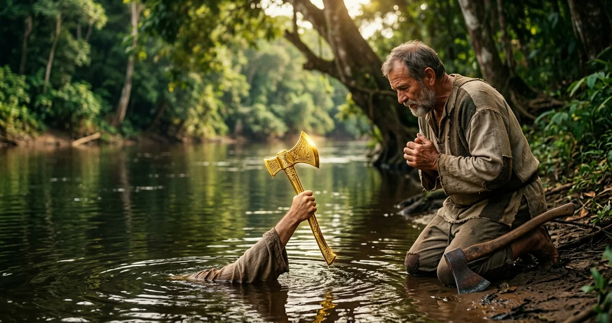 Um lenhador sentado no barranco de um rio fundo, diante de um machado de ouro erguido acima da água.