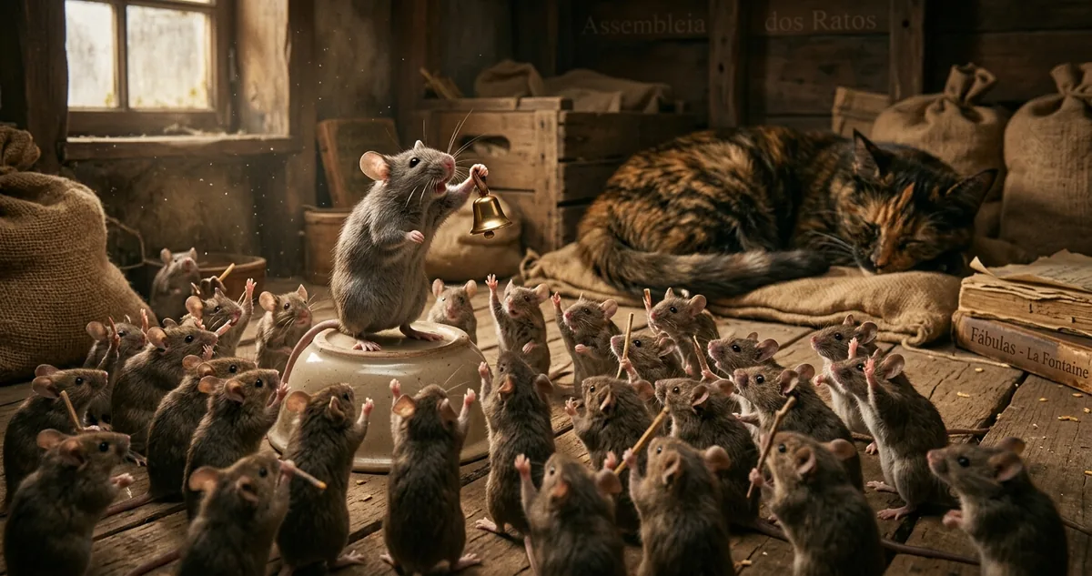 Ratos reunidos em conselho no porão de uma casa velha, com um guizo pequeno de metal no centro da roda.