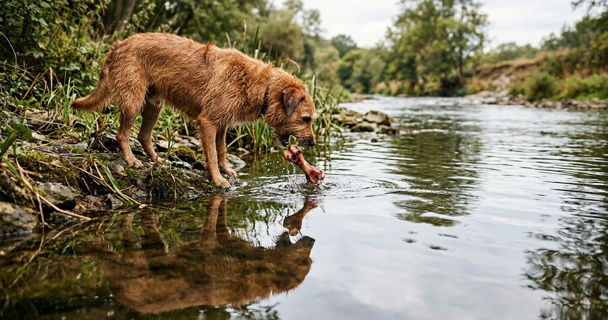 Um cão parado no meio de uma ponte de tábuas, com um osso na boca, olhando o próprio reflexo na água parada do rio.