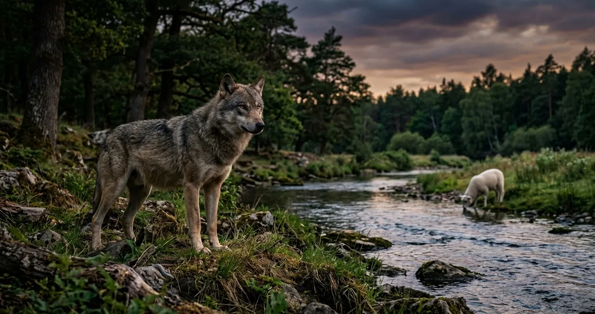 Um lobo bebendo na parte de cima de um rio e um cordeiro bebendo mais abaixo, na mesma corrente.