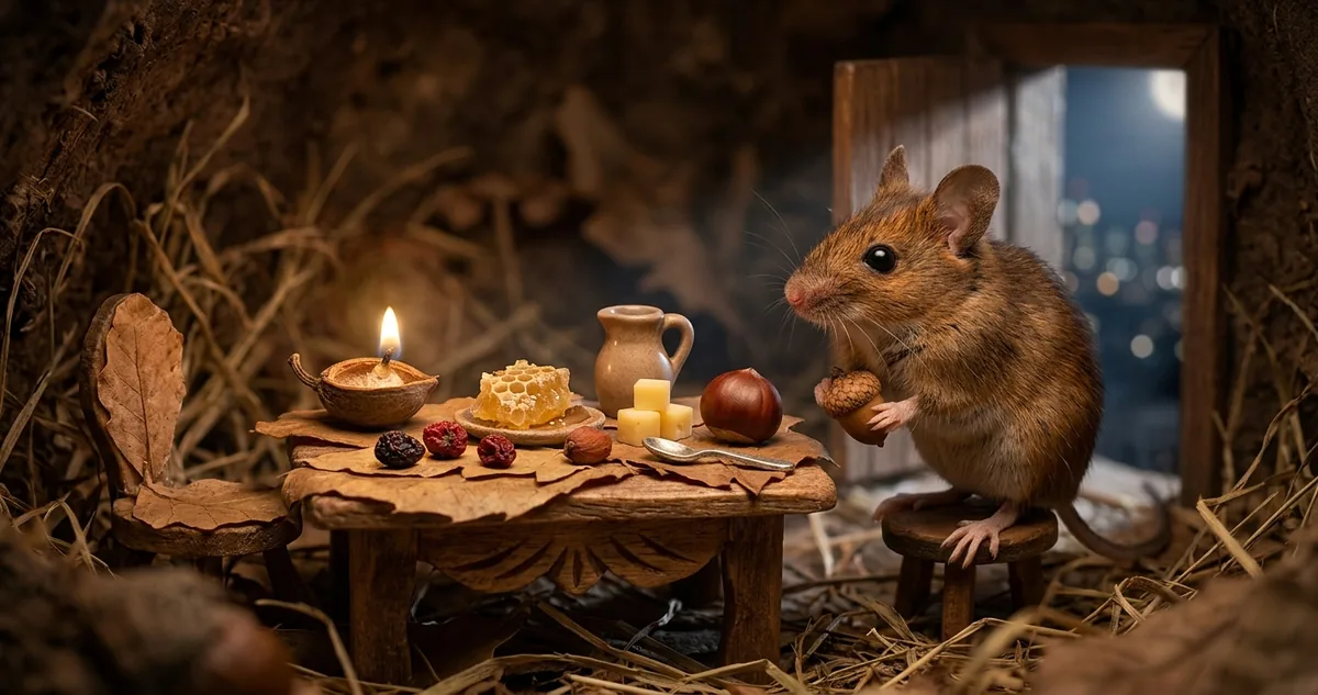 Um rato do campo e um rato da cidade diante de uma mesa farta num salão de casa rica.