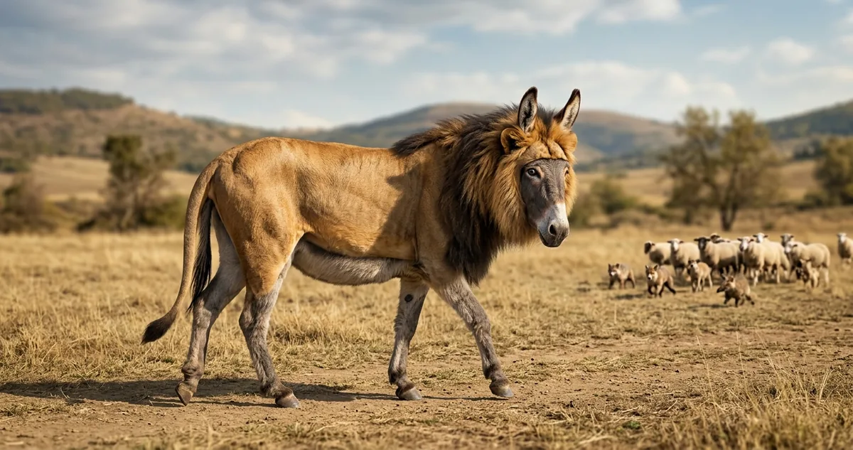 Um burro vestido com a pele de um leão parado no meio de um pasto seco, com os outros animais fugindo ao redor.