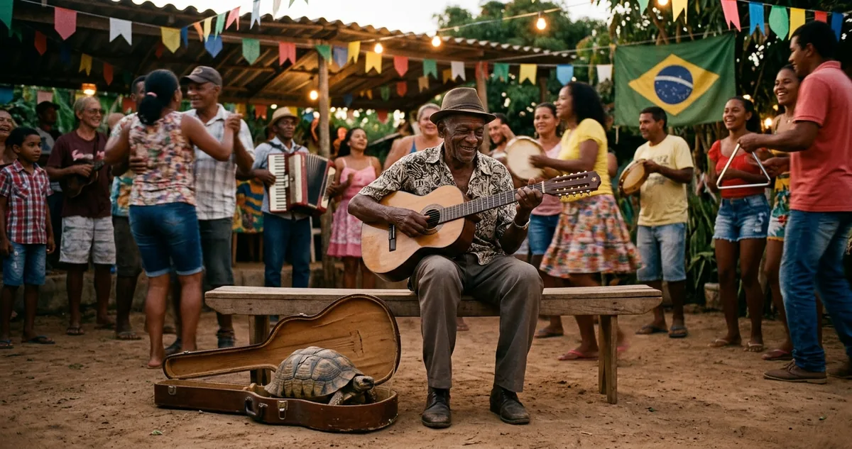 Um cágado escondido dentro da viola de um urubu que voa alto sobre o mato brasileiro.