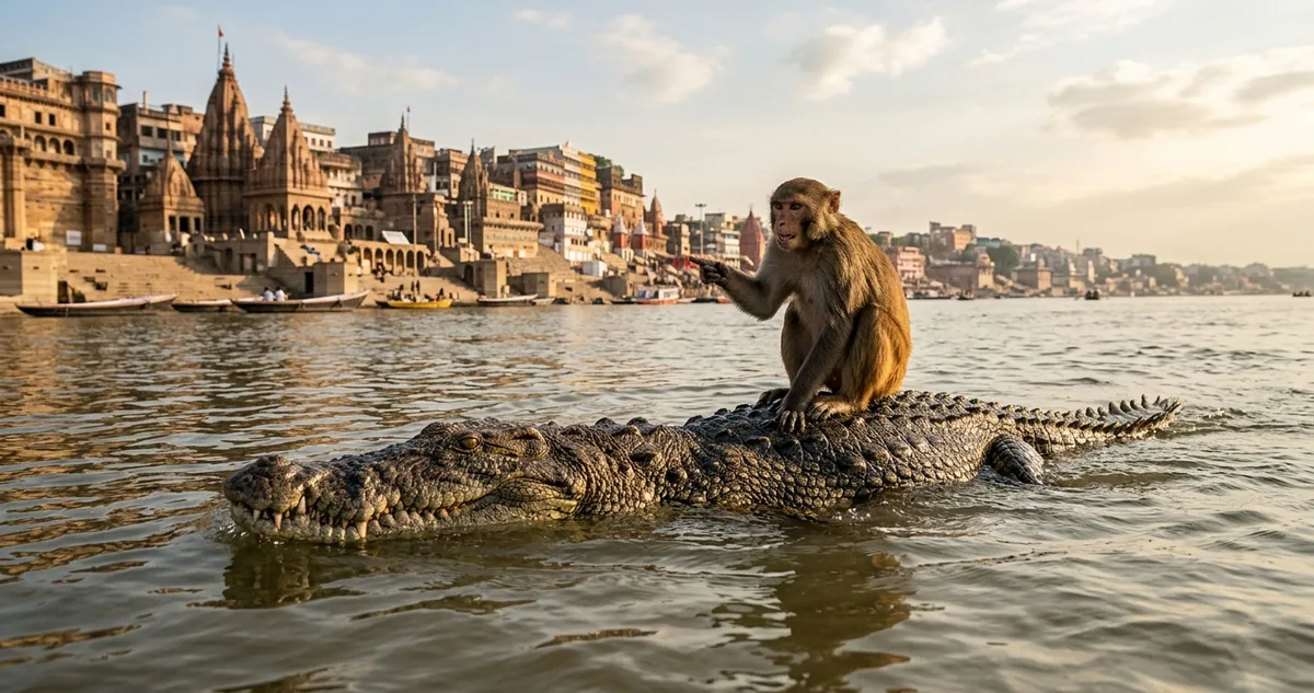 Um macaco montado nas costas de um crocodilo no meio de um rio largo, com a figueira ao longe na margem.