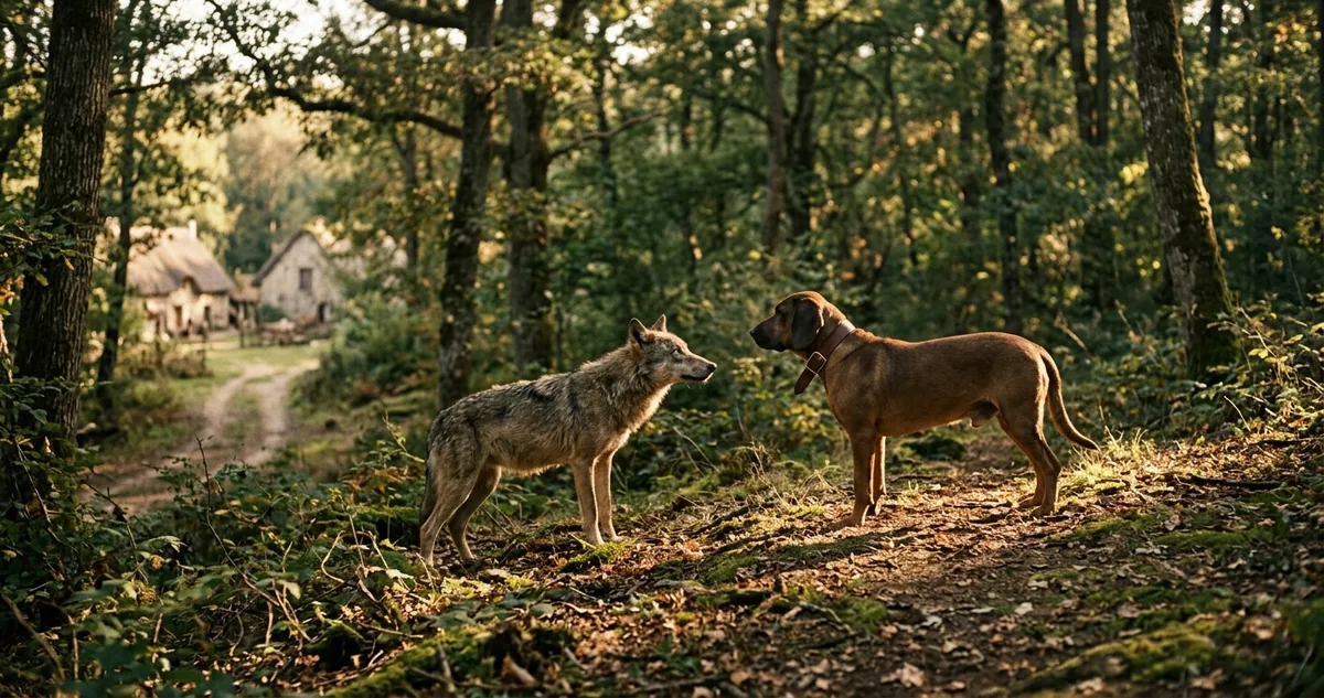 Um lobo magro e um cão grande e bem tratado frente a frente numa estrada de terra no fim da tarde.