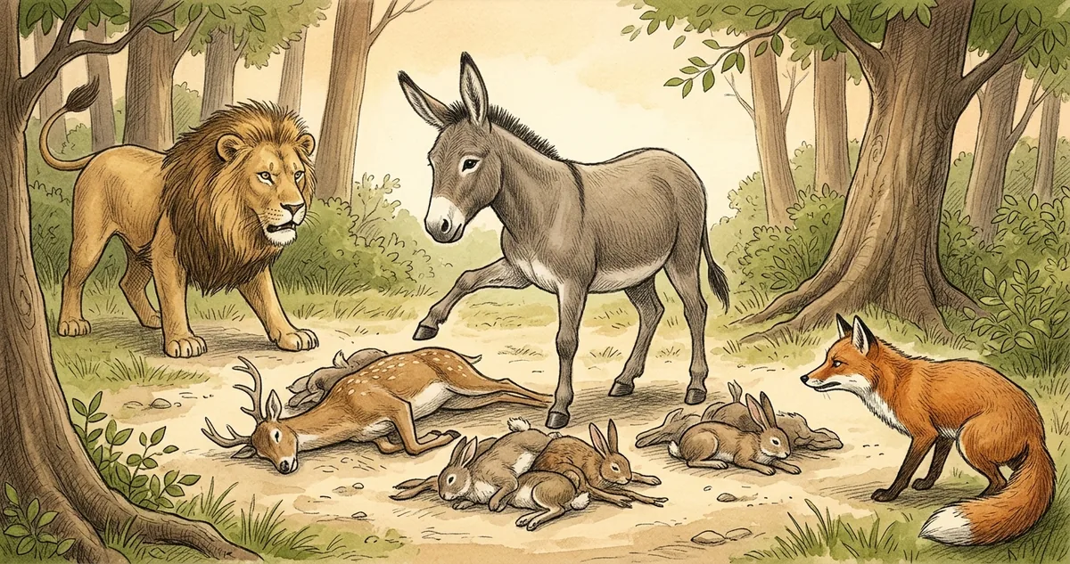 O leão deitado, o burro empurrando três pilhas iguais de carne e a raposa olhando de lado, cena da fábula grega da partilha do leão.