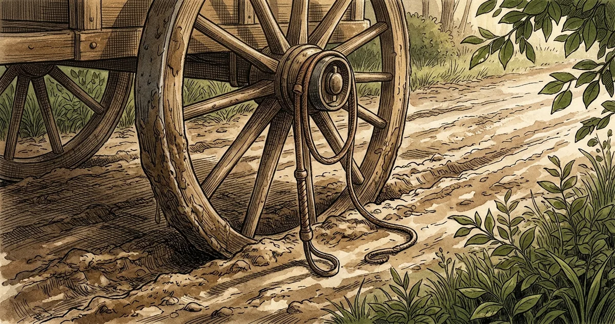 O carroceiro de joelhos ao lado da roda enterrada até o eixo na lama da estrada, com a carroça de feno parada e os dois cavalos atrelados, cena da fábula do carroceiro atolado.