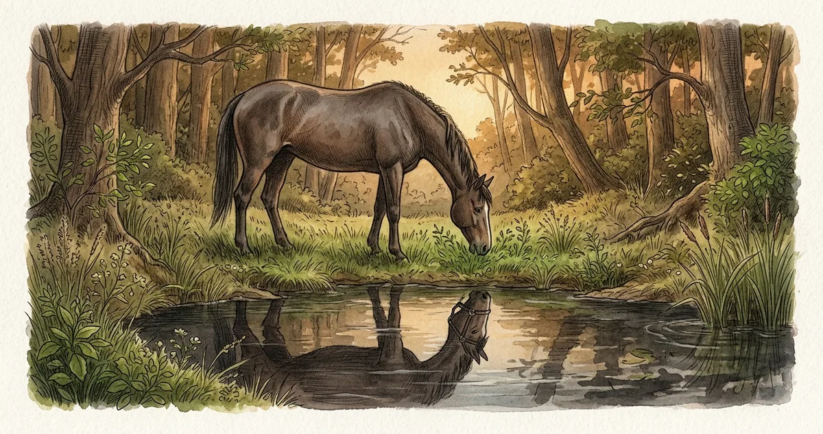 O cavalo de freio na boca e sela nas costas parado no pasto enquanto o cervo se afasta entre as árvores, cena da fábula do cavalo e do cervo.
