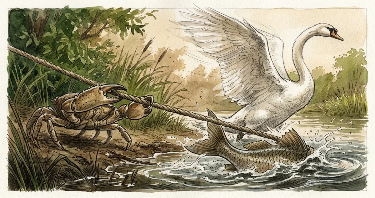 O cisne puxando a corda para o alto, o lúcio virado para a água e o caranguejo recuando na terra, com a carroça parada no meio da estrada.