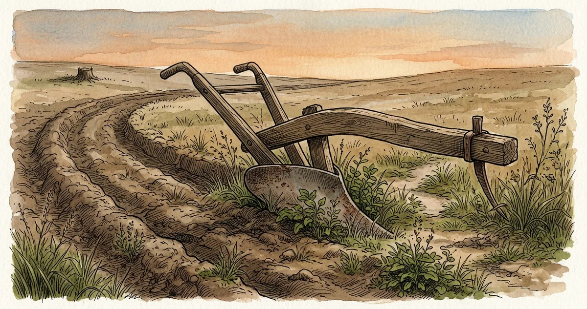 Um toco de árvore no meio de um campo arado, com o arado largado na terra e uma lebre caída ao pé da madeira.