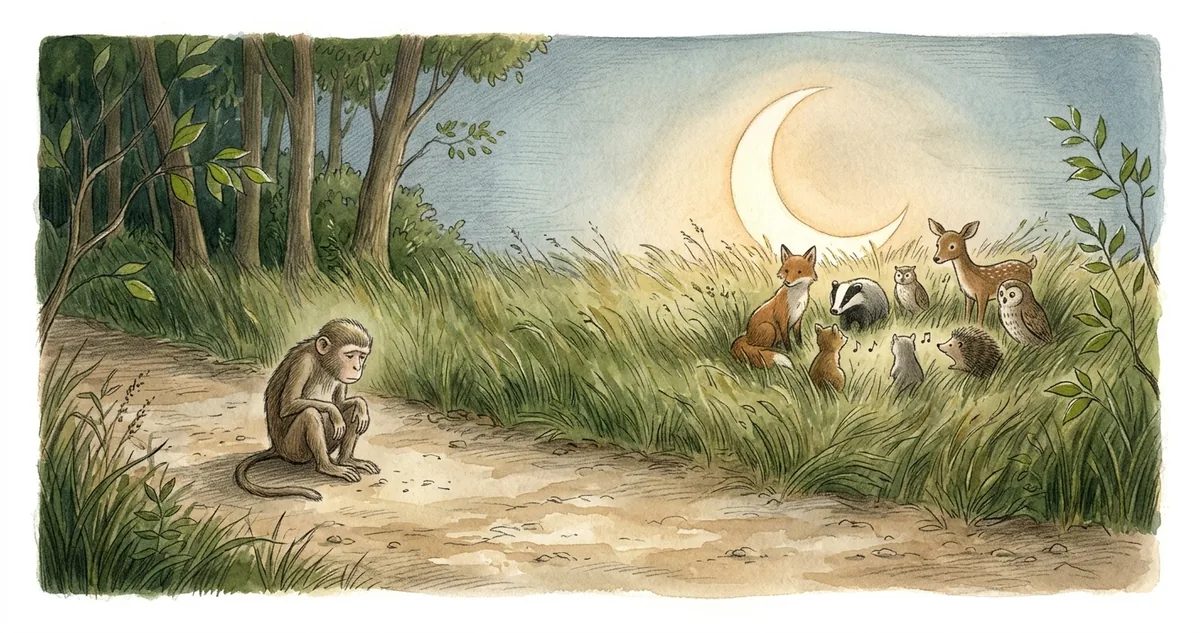Um macaco sem rabo parado na porta de uma casa de barro, com a velha e a faca na mão.