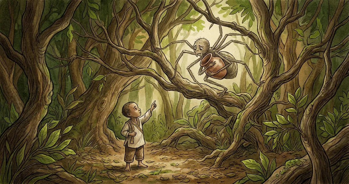 Uma aranha com um pote de barro amarrado na barriga, agarrada ao tronco liso de uma sumaúma, e um menino deitado no capim olhando de baixo.
