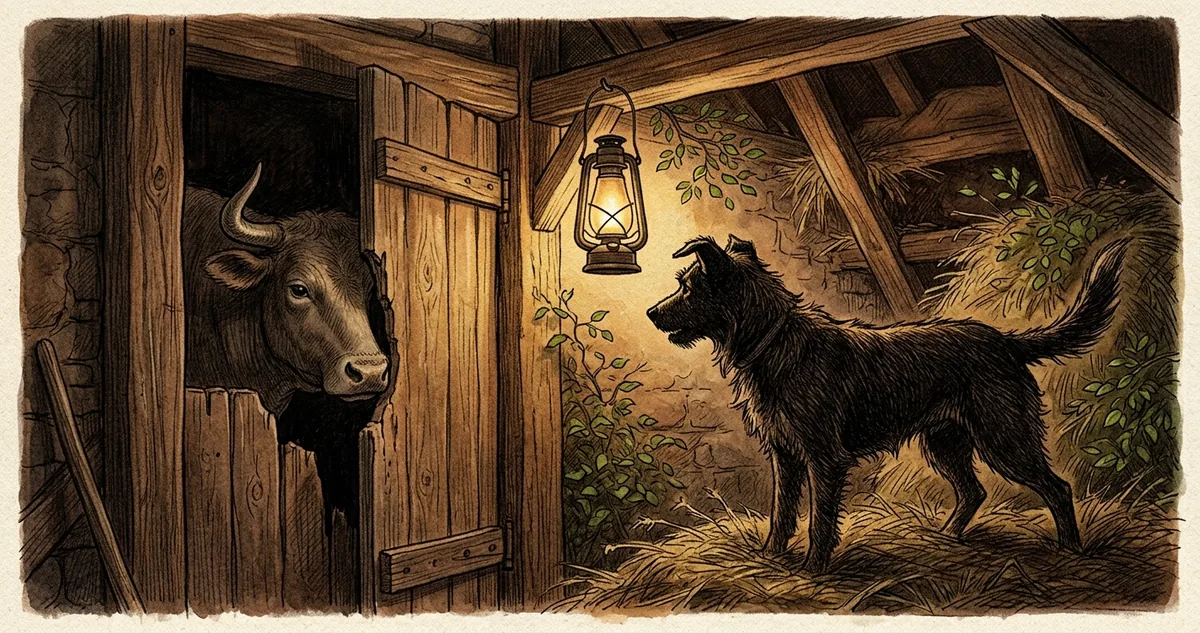 Um cão deitado no feno de um cocho de madeira rosna para um boi cansado parado no estábulo.