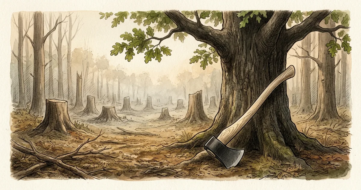 Um lenhador na entrada de um bosque de carvalhos e freixos, segurando uma lâmina de machado sem cabo, diante das árvores altas.