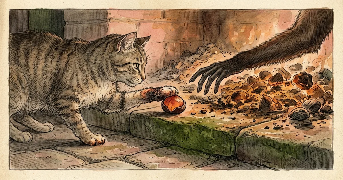 Um gato estica a pata para um braseiro de castanhas numa cozinha antiga, enquanto um macaco espera atrás dele.