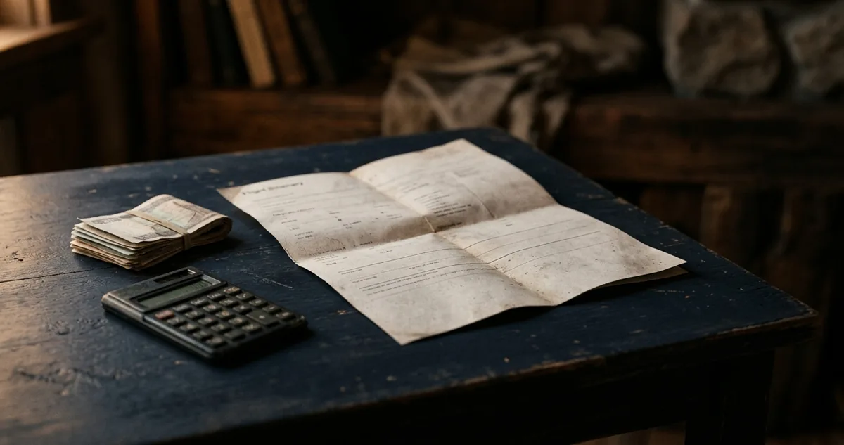 Uma tela de resgate com saldo incompleto ao lado de notas dobradas sobre mesa escura, sem pessoas.