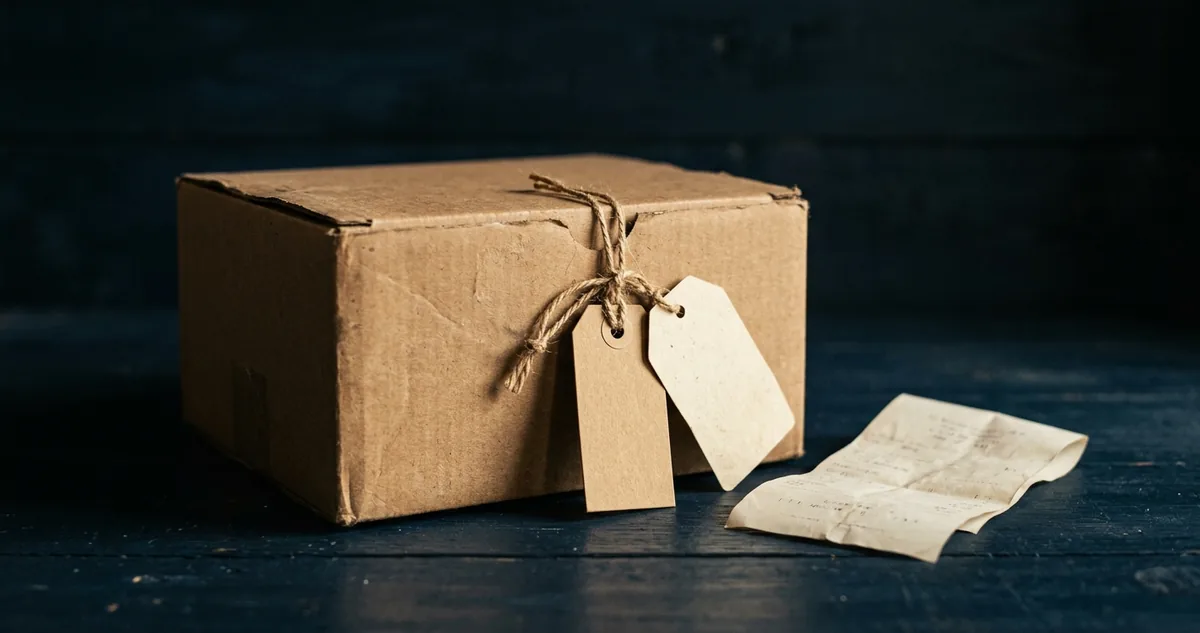 Duas etiquetas de preço diferentes presas na mesma caixa de papelão sobre mesa escura, sem pessoas.